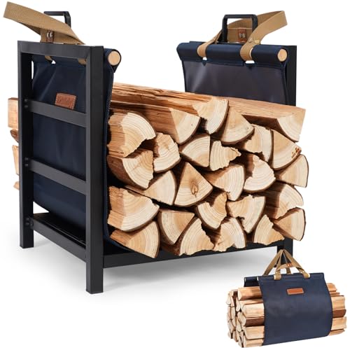 Zettfuly Firewood Rack Indoor Outdoor with Firewood Carrier, Fireplace Wood Log Holder Heavy Duty Metal, Indooor Firewood Holder for Fireplace Wood Storage, 16 inch, Navy