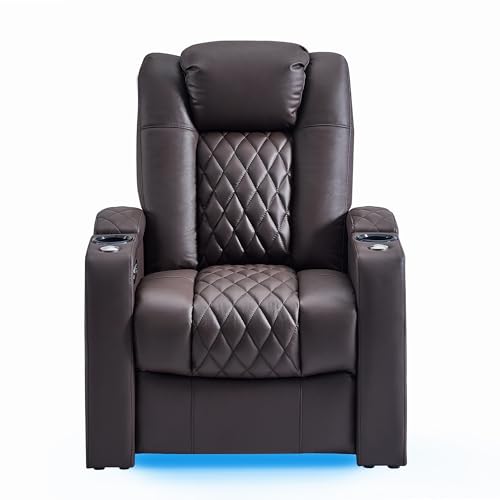 comfiroom Top Grain Leather Home Theater Seating, Classic Series Game Seats Movie Recliner Theater Chairs Recliner Sofa with Type-C Charger Bedroom Sofa Chair for Living Room (Brown, Row of 1)