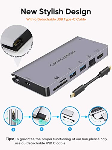 Image of USB C Hub Multiport Adapter with Detachable USB-C Cable,CableCreation 9-in-1 Type C Dock to 4K HDMI, VGA, Ethernet, 2 USB 3.0, SD /Micro SD and 100W PD Work for MacBook Pro /Air 2020, iPad Pro 2018