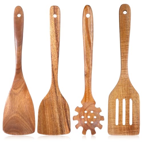 Wooden Cooking Utensils, 4 Pcs/Set Natural Acacia Wood Frying Spatulas for Cooking Eggs, Fish, Pancakes, Non-scratch Spatula Pasta Spoon Spaghetti Fork Noodle Spoon - 12