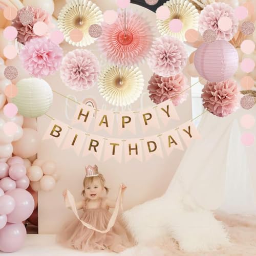 Geburtstagsdeko Mädchen Frauen Geburtstag Party Deko Rosa Beige Seidenpapier Pom Poms Happy Birthday Girlande Boho Blush Rosa Party Deko