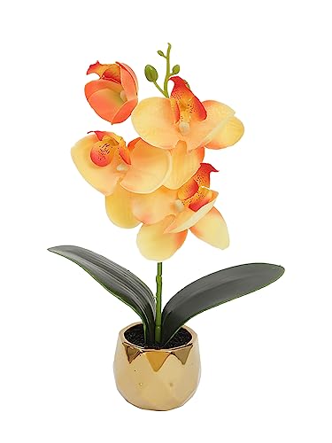 Image of Fourwalls Artificial Orchid Flower Plant with Ceramic Pot (Orange, 24.5 cm) Decorative Items for Home Decor Living Room Balcony Kitchen Bedroom Office Table Top
