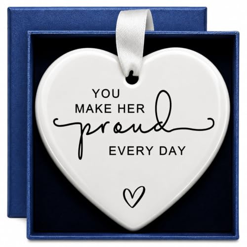 Image of Memorial Gift for Loss of a Loved One, You Make Her Proud Every Day Ceramic Heart Ornament, Sympathy Bereavement Keepsake for Funeral, Remembrance Table, Christmas Tree, Family and Friends