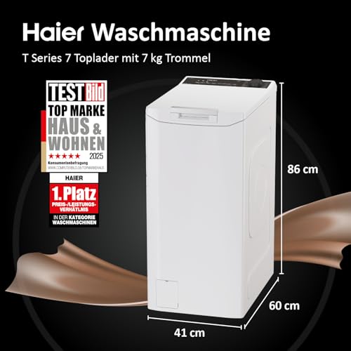 Haier Toplader Waschmaschine I Waschmaschine 40 cm breit mit 7kg Trommel, A-Effizienz, 1.400 U/Min. & Inverter-Motor I THASNQ476TM5-84 Waschmaschine schmal inkl. Wi-Fi, Dampffunktion & Mengenautomatik