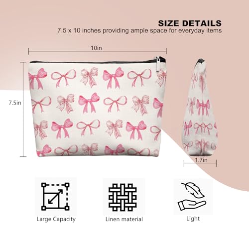 Pink Preppy Coquette Bow Makeup Bag Make Up Bag, Preppy Cosmetic Bags for Women, Preppy Coquette Gifts for Women Teen Girls,Dorm Room Essentials for Girls2