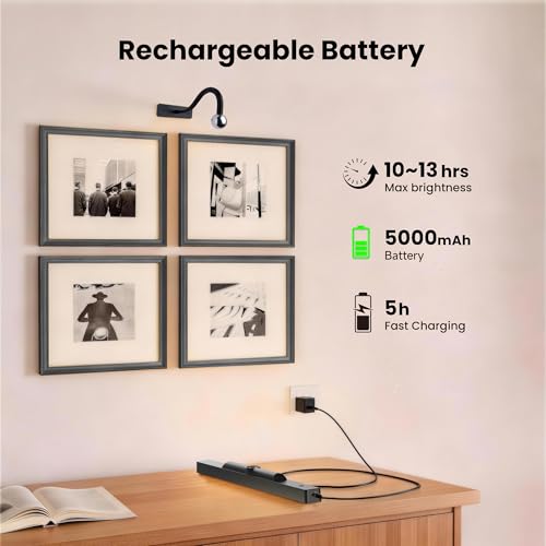 3Pack Picture Light Battery Operated, 16in Picture Light for Wall, 5000mAh Cordless Wall Lights with Controller,Art Light with Dimmable Cordless for Wall Painting,Frame, Portrait, Dartboard- Black
