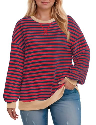 Image of ROSRISS Womens-Plus-Size-Oversized-Sweatshirts Striped Colorblock Long Sleeve Shirts Casual Crewneck Pullover Sweaters XL-5XL