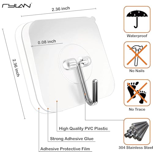 Image of TEKCOOL Adhesive Hooks for Hanging Heavy Duty Wall Hooks Self Adhesive Hooks Waterproof Transparent Hooks for Bathroom Shower Kitchen Keys Door Outdoor Home Improvement Utility Hook (Pack of 10):