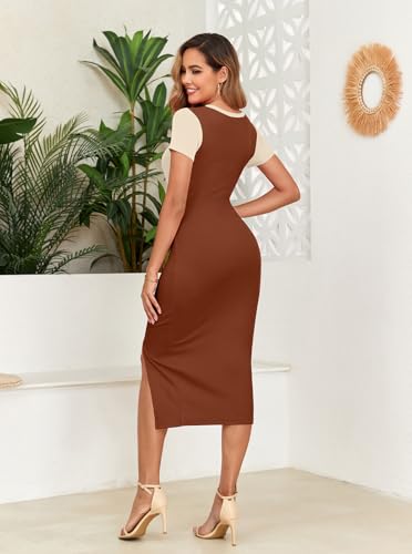 Image of oten Women's Summer Short Sleeve Cutout Twist Front Side Slit Ribbed Knit Party Club Bodycon Midi Dresses