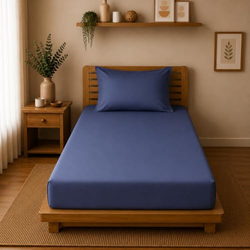 Image of Linen Home Cotton Percale Fitted Bedsheet Set Single Size Dark Blue