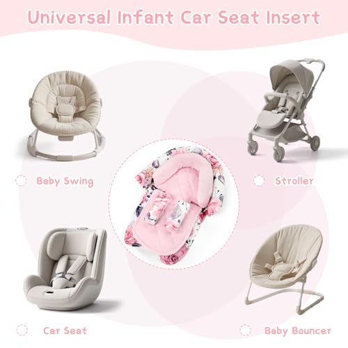 Image of Baby Car Seat Head Body Support & Strap Covers, 2 in 1 Infant Car Seat Insert, Reversible Soft Breathable Newborn Cushion Pads for Preemie, Perfect for Baby Carseats, Strollers, Swings (Floral)