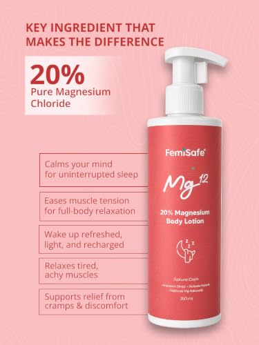 Image of FemiSafe Magnesium Sleep Body Lotion 20% Magnesium Chloride, Muscle & Leg Cramp Relief, Hydrating with Almond Oil, Chamomile, Lavender, Vitamin E + Aloe, Better Sleep Quality, Non-Greasy (2)