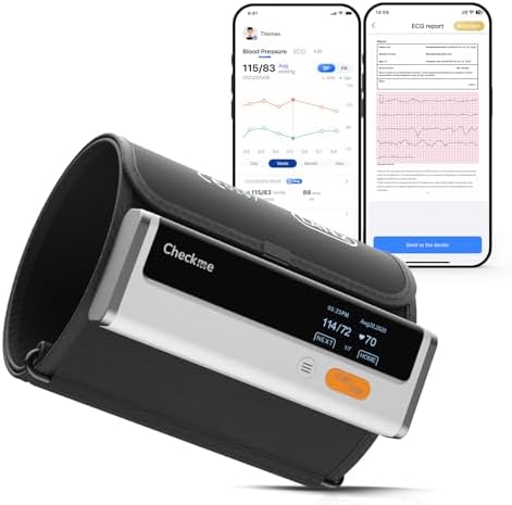 Checkme Blood Pressure Machine for Home Use, Bluetooth Blood Pressure Monitor w ECG Function, Automatic Arm Cuff 22-42 cm, Rechargeble BP Machine for Home, Local Storage 50 BP & 10 EKG, Compatible APP