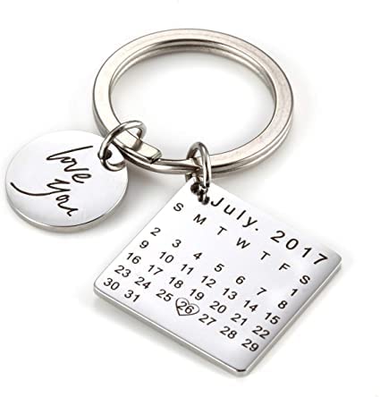 Stainless Steel Custom Keychain Pendant Key Ring Heart Square Calendar Anniversary Special Date Gift (Circle Silver)-image-1