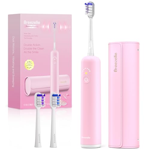 Breezelle SweepSonic - Cepillo de dientes eléctrico recargable con oscilación sónica y vibración para adultos, batería de larga duración, con 3 cabezales de cepillo y estuche de viaje, temporizador