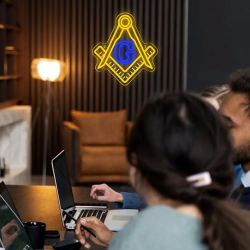 Image of Mutank Masonic Neon Sign, USB Powered Dimmable LED Neon Light Symbolic Decor, for Brotherhood Historical Wall Game Room Study Man Cave Wall Decor, Gifts for Freemasons and Brothers(12.9 * 12.2 In)