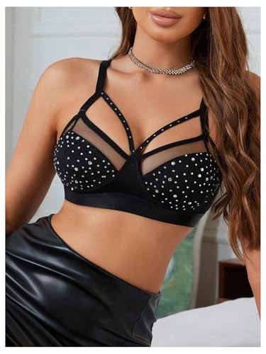 Women's Rhinestone Sheer Mesh Bras Cut Out Glitter Wireless Bralettes Every Day Bra4