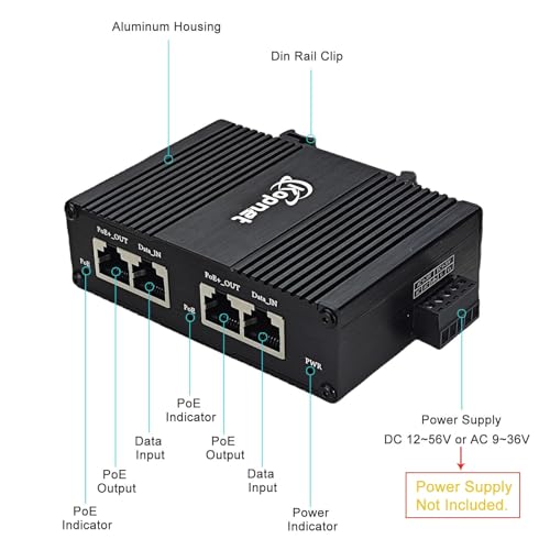 Industrial 2ch Gigabit PoE Injector IEEE 802.3at 30W PoE+ Injector Adaptador Power Over Ethernet + Fuente de Alimentación 120W 24V DC Montaje en Riel DIN miniatura 2