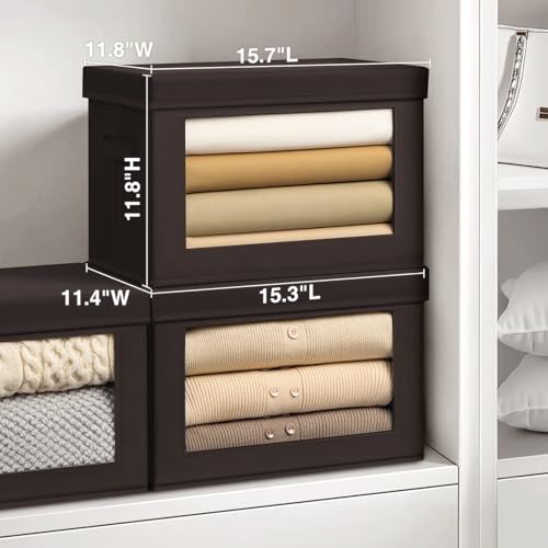 Image of Homsorout Stackable Storage Bins with Lids - Large Storage Box with Lids, Foldable Closet Boxes for Organizing, Wardrobe Clothes Organizer with Window, Cubes Bins for Living Room, 3 Pack, Brown