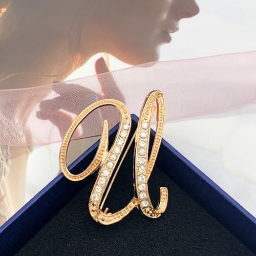 Image of Rhinestone Initial Brooch Pin for Women, Alphabet Gold Letter Brooch A-Z with Crystal, Metal Pin for Hat Bag Dress Suit Accessory for Men