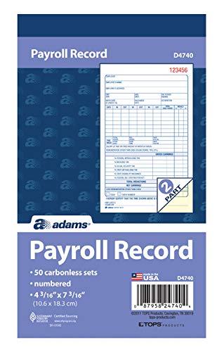 Adams Employee Payroll Record Book, 2 Part, Carbonless, 4.19 X 7.19, 50 Sets Per Book, White And Canary (D4740) #TOP1