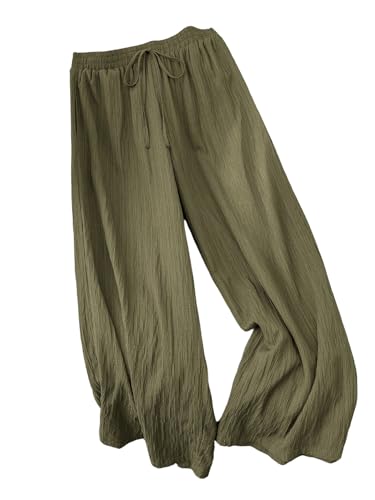 Verdusa Women's Plus Size Textured Wide Straight Leg Loose Pants Casual Long Trousers with Pockets