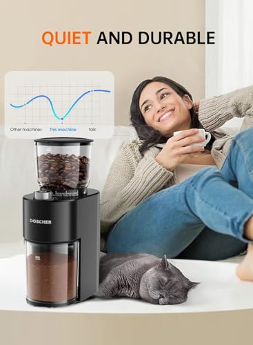 طاحنة القهوة المخروطية ذات الأزيز المخروطي V60 من DOSCHER، 38 إعداد طحن قابل للتعديل، مؤقت دقيق، تصميم مضاد للكهرباء الساكنة - مثالية للإسبريسو والتقطير والسكب أوفر، والمشروب البارد، والكبس الفرنسي