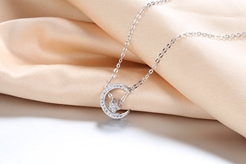 925 Sterling Silver Moon Love Star Crystal Necklace Pendants Cubic Zirconia Diamond Necklaces Gift For Valentine's Day (White Gold)