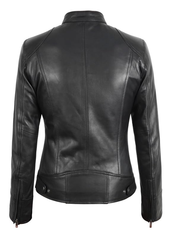 SpazeUp Women's Vintage Cafe Racer Leather Jacket - Black Biker Motorcycle Riding Jacket Women Leather Blazer2