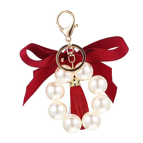 TENDYCOCO Ladies Keychain Pearl Tassel Bow Fashionable Bag Hanging Charm Keyring Decor