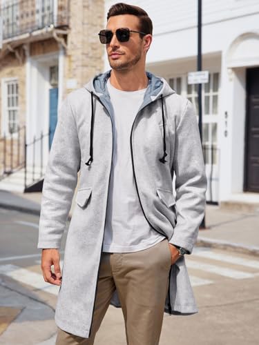 Image of ZIWOCH Mens Trench Coat Wool Blend Hoodie Long Jacket Full Zip Winter Classic Business Overcoat
