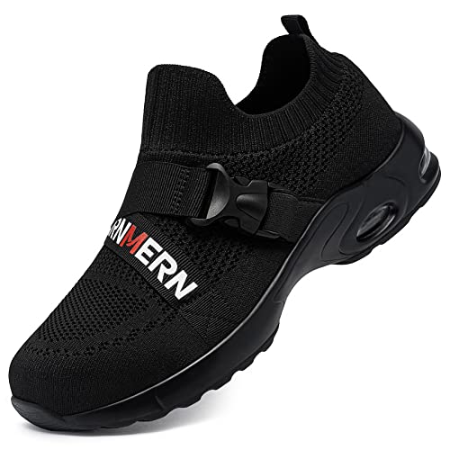Larnmern Slip On Steel Toe Shoes For Women Safety Work Sneakers Lightweight Air Cushion Comfortable Slip Resistant Comfortable Safety Toe Shoes (6, Black) #TOP11