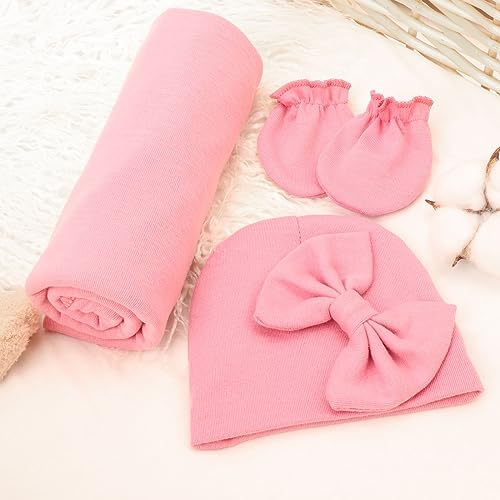 Image of AQOKKA Newborn Receiving Blanket with Bow Hat Mittens Wooden Card Set Newborns Toddler Baby Boy Girl Nursery Swaddle Wrap