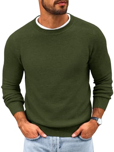 Runcati Mens Crewneck Sweater Casual Textured Knitted Thermal Pullover Sweaters Army Green