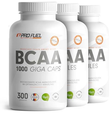 BCAA Kapseln 900x vegan - hochdosiert mit 8000 mg BCAA im optimalen 2:1:1 Verhältnis - Giga-Caps mit 1000 mg B.C.A.A. - essentielle Aminosäuren Leucin, Isoleucin & Valin - 3x300 Kapseln
