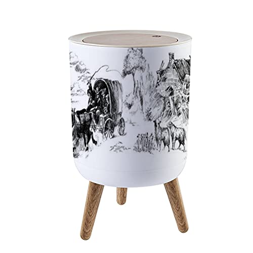 Image of Small Trash Can with Lid Vintage Western Ranch Seamless American Wild west Garbage Bin Wood Waste Bin Press Cover Round Wastebasket for Bathroom Bedroom Kitchen 7L /1.8 Gallon