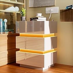 Cajones Cama Dormitorio PIPIPOXER Mesita de noche, mesa auxiliar en color blanco de alto brillo y cristal acrílico, mesitas de noche de madera con 3 cajones, para salón, dormitorio, cama, color negro, 45 x 35 x 47 cm, color