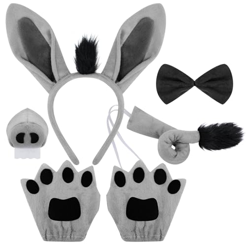 VGMANNTA 6 Pièces Ensemble Costume de Âne Déguisement D'animal Enfant et Adulte D'âne Oreilles et Queue Nez D'âne Nœud Papillon Gants Costume Animaux Âne Deguisement pour Cosplay Halloween Carnaval