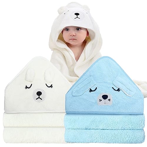 Image of ROXANEPIG 2 Pack Hooded Baby Towel - Premium Soft Bath Towel for Bathtub for Babie, Newborn, Infant - Ultra Absorbent, Natural Baby Stuff Towel for Boy and Girl (White & Blue)