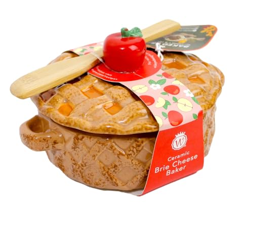 Ceramic Apple Pie Brie Baker With With Lid, Side Handles And Bamboo Spreader