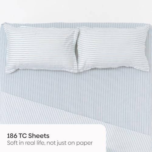 Image of Haus & Kinder Double Bed Bedsheet 90 x 100 | 186 TC Pure Cotton Bed Sheet Double Bed with 2 Pillow Covers | Queen Size Bed Sheet | Ruri Stripe Lapis Blue
