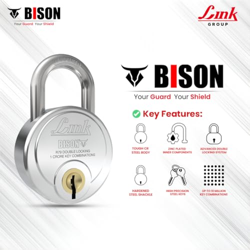 Image of Link Bison 79mm Heavy Duty Padlock | Lock for Home Door, office, Shop, Travel | Hardened Steel Shackle | Double Locking System | High Precision 4 Keys | 10 Million Key Combinations | 10 Years Warranty
