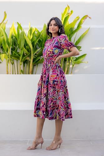 Image of LABEL ADRIJA Pure Cotton Calf Length Midi Dress for Women Floral Print | Flared Anarkali Dress Puff Sleeves