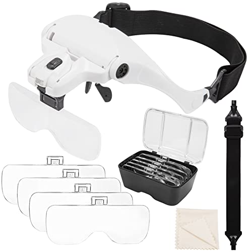 Tunejoy Lunette Loupe avec LED Casque Loupe Frontale 1,0X à 3,5X avec 5 Lentilles Amovibles pour Lecture Réparations Couture Bijoux Montres et Artisanat...