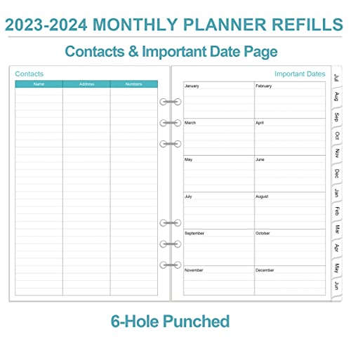 2023-2024 Monthly Planner Refill For A5 Binder, 18 Months Refill Planner Runs From July 2023 To December 2024, Two Pages Per Month, 6-Hole Punched Planner Refills With Tabs, 5.8" X 8.3", Teal Leaf #TOP4