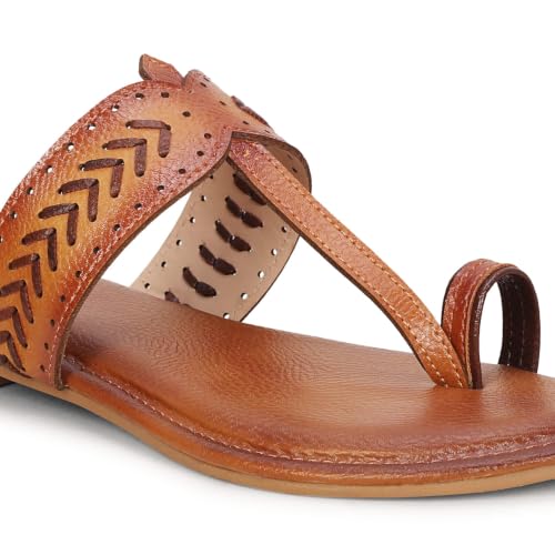 Image of Women's Kolhapuri Chappal Flats | Two-Tone Leatherette Ethnic Sandals with Toe Ring | Comfortable Handcrafted Traditional Slip-On Slippers for Ladies