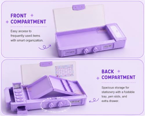 Image of Kawaii Password Lock Compass Box for Girls, Multifunction Pencil Box with Sharpener, Calendar, Timetable Card, Storage Drawer & Pen Holder, Cute Purple Stationery Case