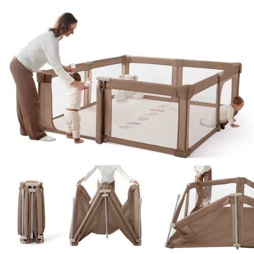 Image of Foldable Baby Playpen,Portable Play Pen for Babies 6-12 Months,59 inchx59 inch Playpen for Babies and Toddlers with Gate,Indoor & Outdoor Collapsible Baby Play Pen with Travel Bag(Deep Khaki)
