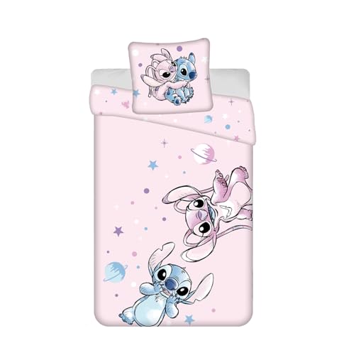 Housse de Couette Stitch et Angel Enfant - Parure de Lit 1 Personne 100% Coton - Housse 140x200 cm + Taie d'oreiller 65x65 cm - Design Officiel Disney Lilo &...