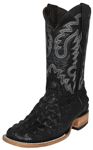 Texas Legacy Mens Black Cowboy Boots Alligator Back Print Leather Square Toe